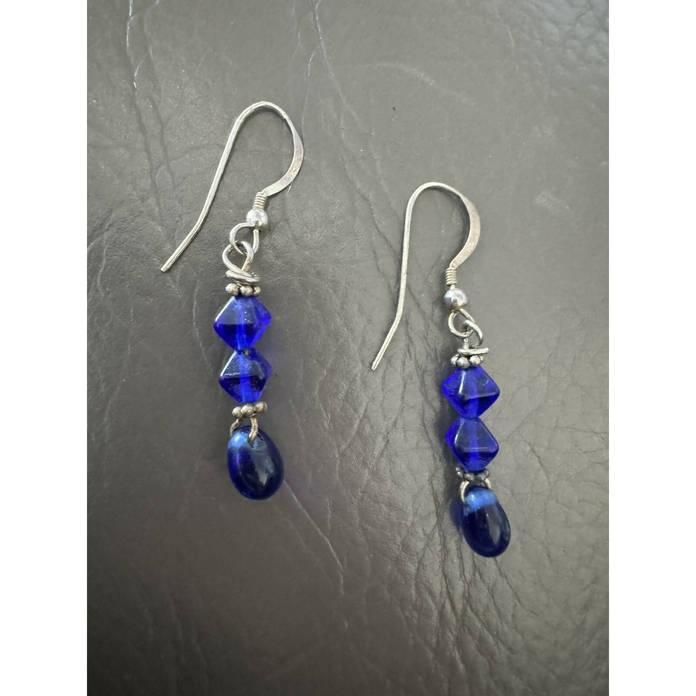 Crystal - Sterling Silver 925 Dangle Hook Earrings - Cobalt Blue